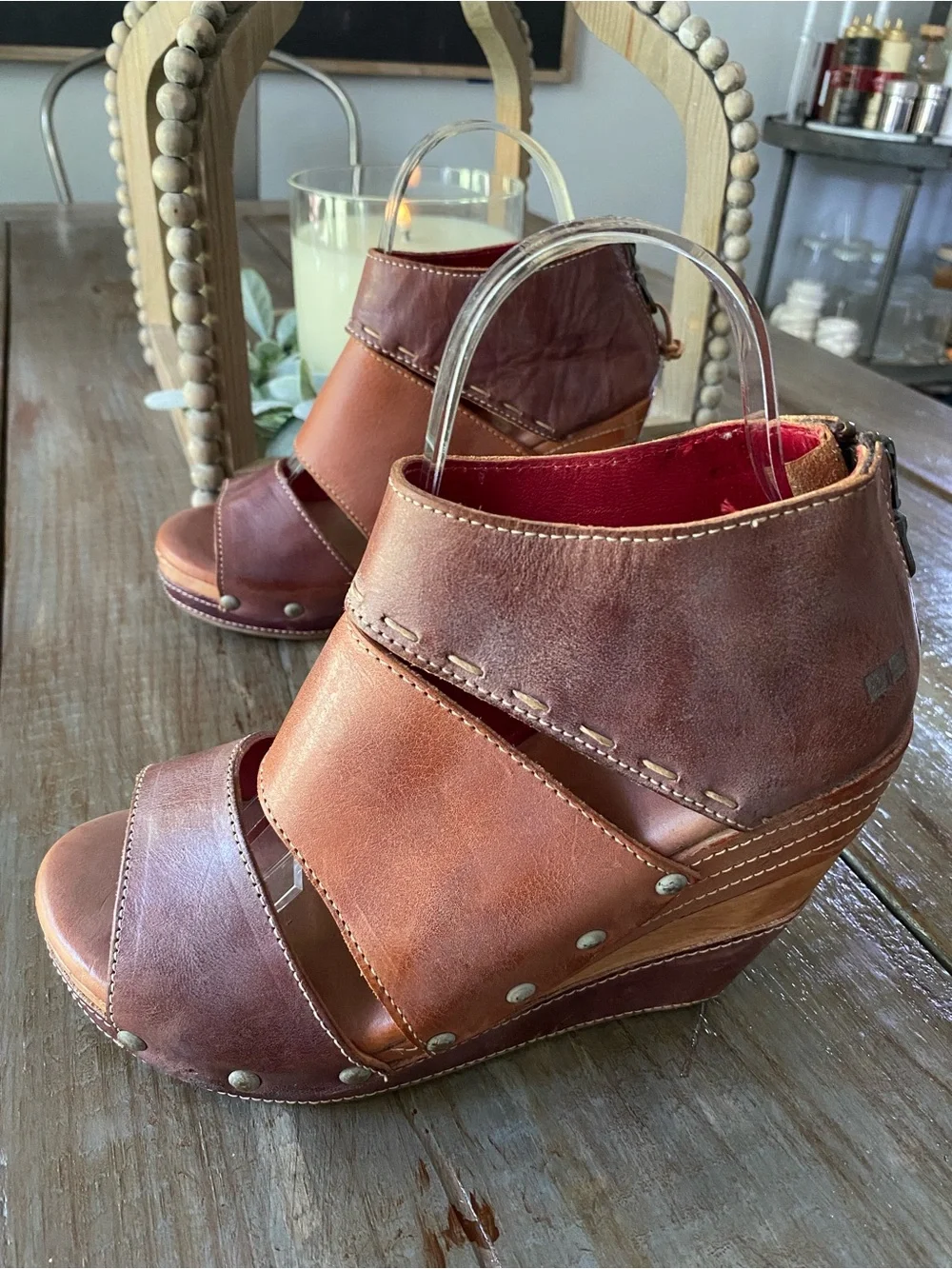 BED|STU Jessie Wedge Sandals Leather‎ Wood Platform Shoes Zip Studded Womens 8.5